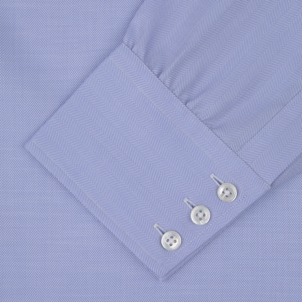 Blue Herringbone Sea Island Quality Cotton Shirt with T&amp;A Collar and 3-Button Cuffs