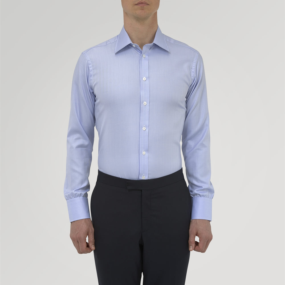 Blue Herringbone Sea Island Quality Cotton Shirt with T&amp;A Collar and 3-Button Cuffs