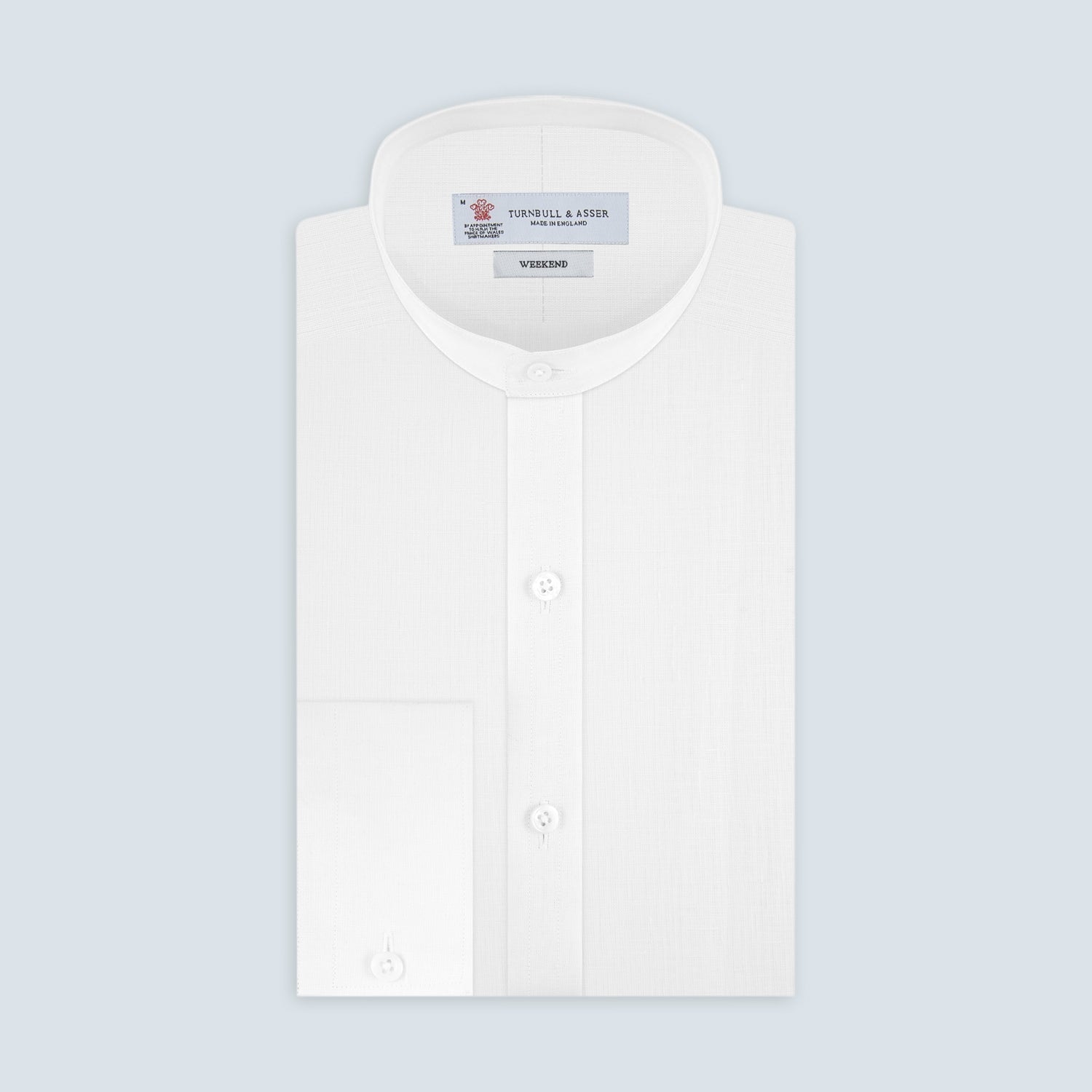 View 1 of product Weekend Fit Cream Linen Shirt with Stand Collar and 1-Button Cuff