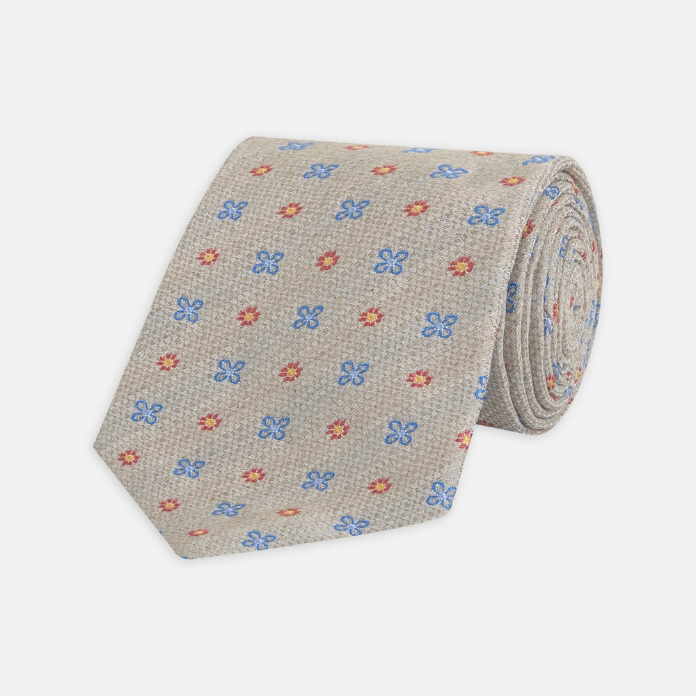 Dove Grey Floral Silk and Linen Blend Tie