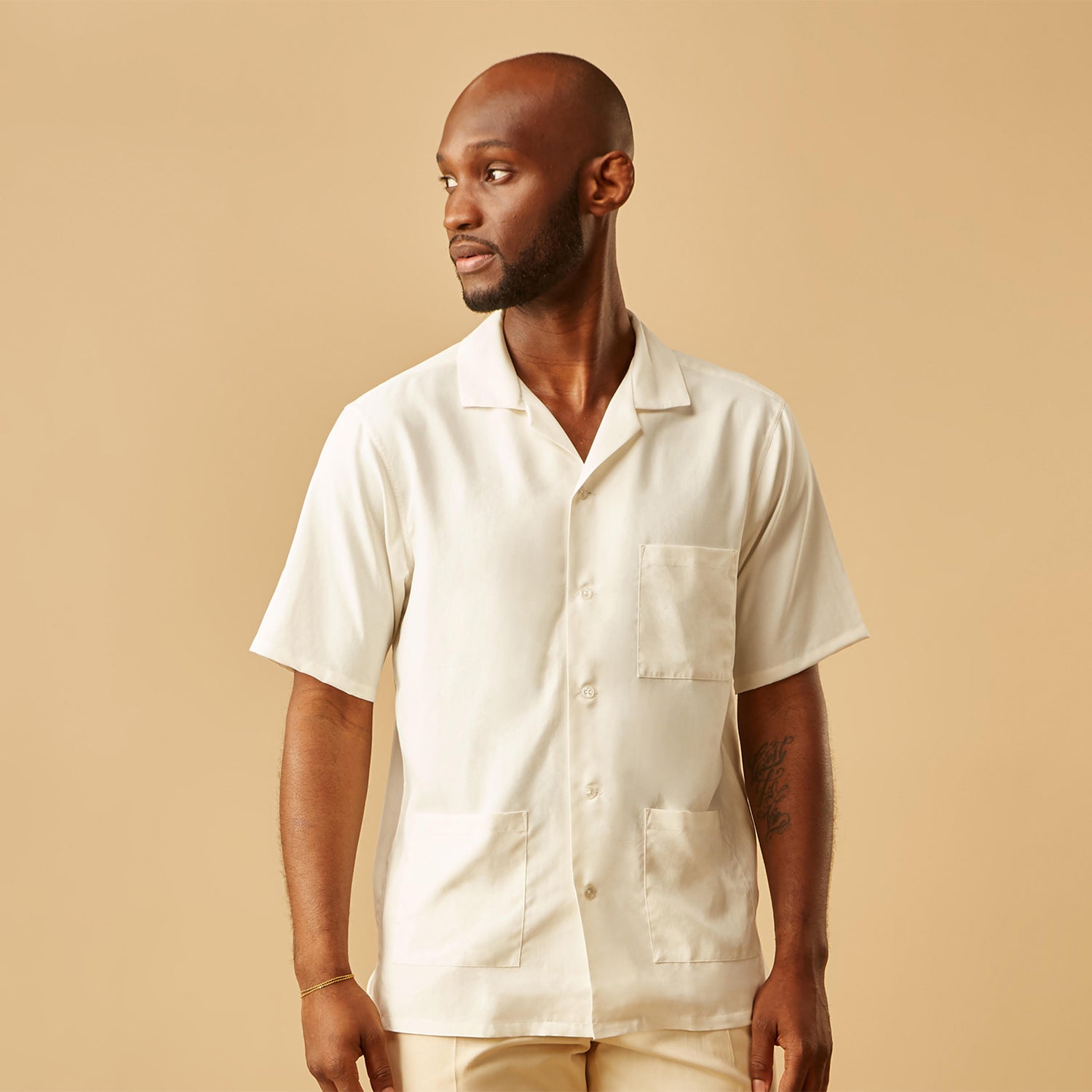View 2 of product Cream Holiday Fit Silk Phillips Shirt with Revere Collar